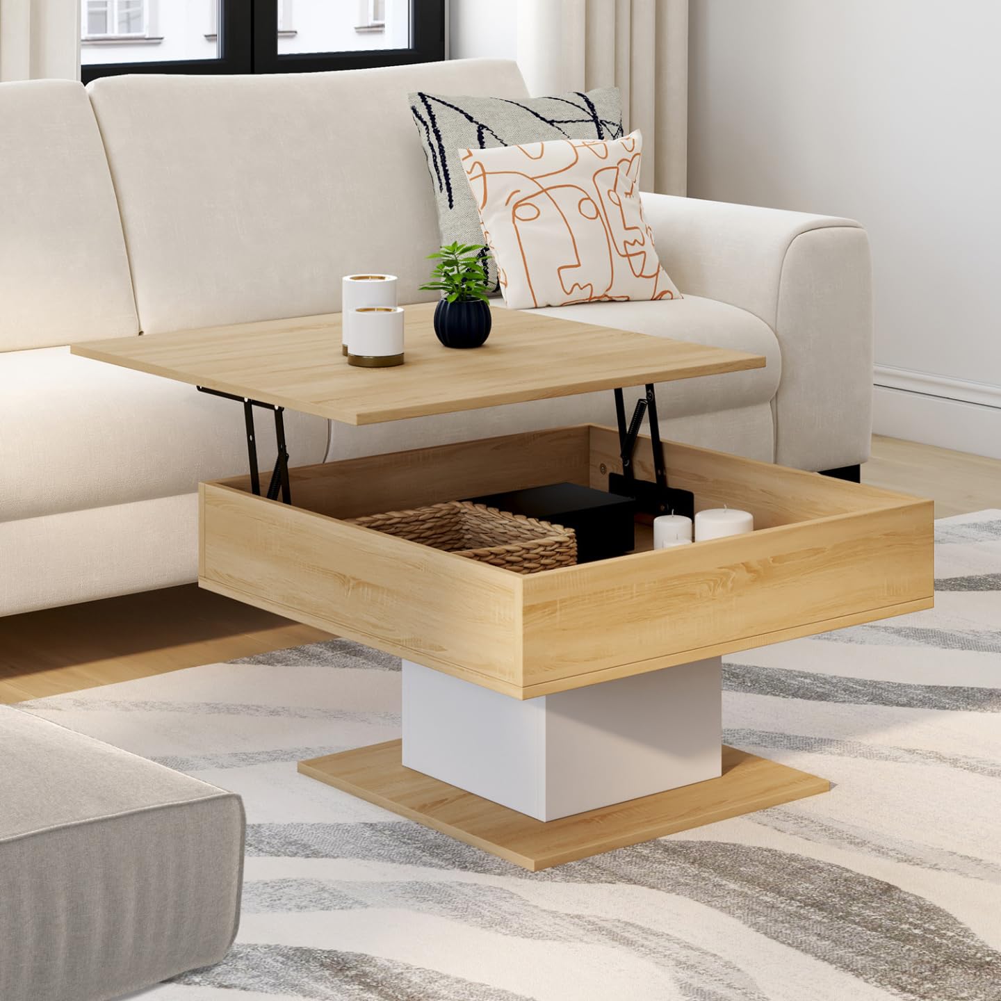 IDMarket - Mesa baja, con tablero desplegable, Eden, cuadrada, madera y blanco
