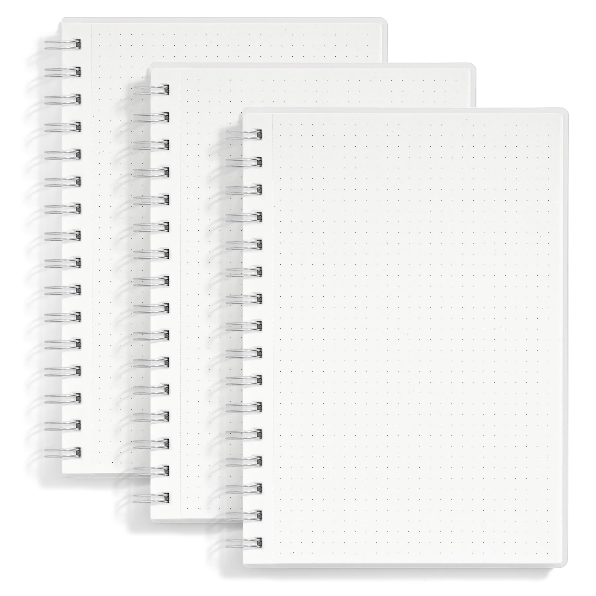 Lot de 3 carnets A5 à grille à spirales, 160 pages blanc ivoire de 100 g/m², papier épais, couverture translucide givrée imperméable, couverture translucide, journal perforé détachable