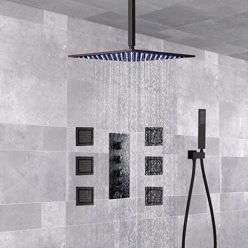 Miniatura 2 de AYIVG Sistema de ducha de lluvia de bronce aceitado de 12 pulgadas con LED de montaje en el techo, con 6 chorros de ducha de cuerpo integrado,