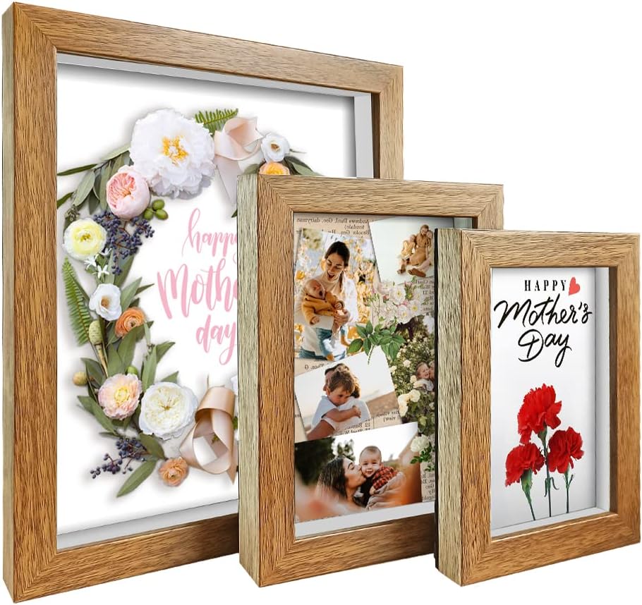 ArtbyHannah 3 Pieces Walnut Small Shadow Box Frame Display Case for Gifts with Tempered Glass for Table Top Display or Wall Mounting, 4x6, 5x7, 8x10 Inch