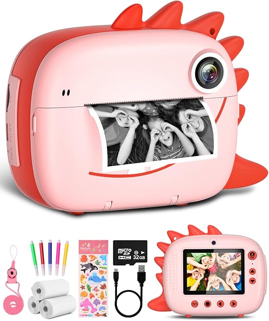 Hangrui Kids Instant Print Camera,Upgrade 2.4 Inch Dual Lens 1080P HD Screen Video Camera, No Ink Instant Camera for Kids with 32GB SD Card, 3 Rolls of Printing Paper, 5 Colored Pens (Pink)