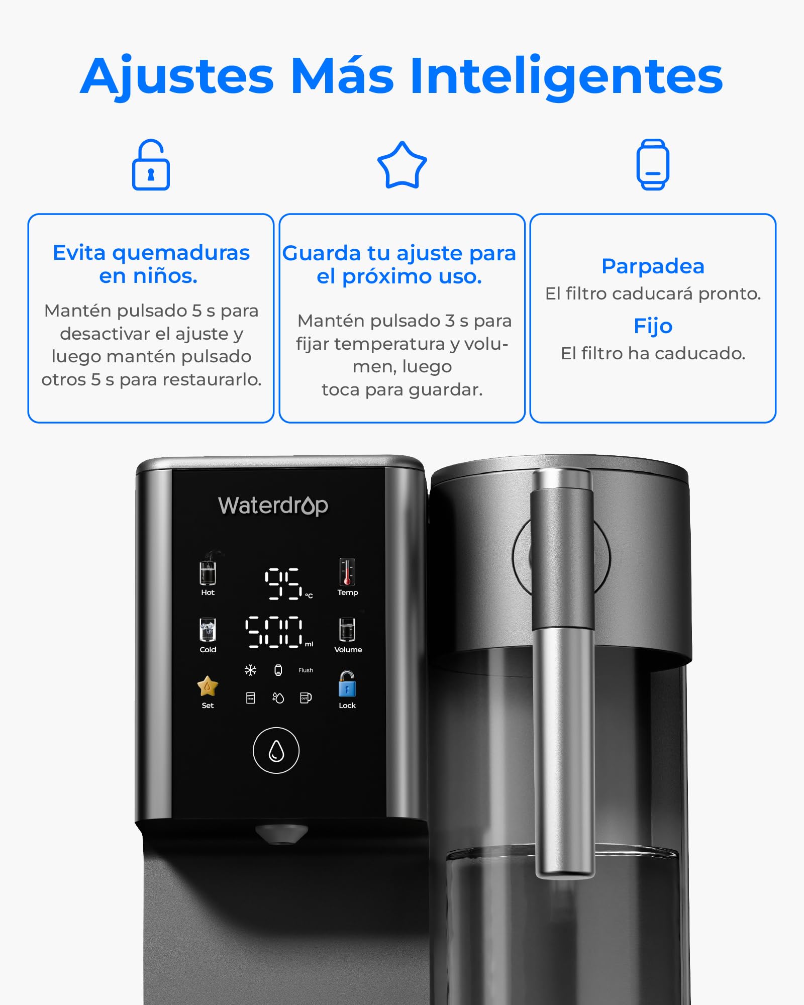 [𝐌𝐢𝐧𝐞𝐫𝐚𝐥𝐢𝐳𝐚𝐝𝐚] Waterdrop WD-A2G Ósmosis Inversa de Sobremesa, RO Caliente y Fría, Tanque Portátil, Dispensador Sin Botella, 6 Temperaturas, 3:1 Pura/Drenaje