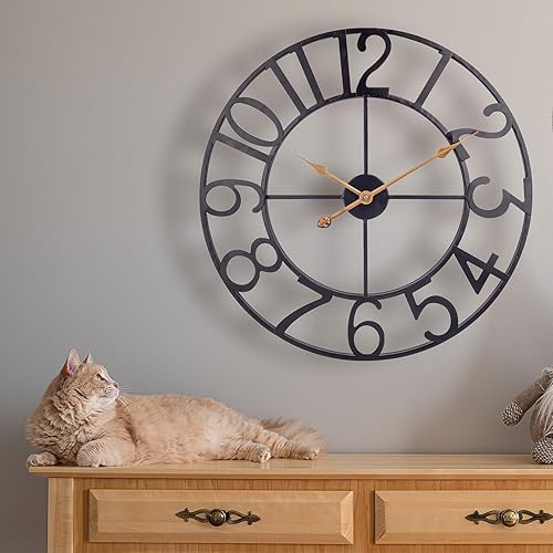 Miniatura 4 de BEW Reloj de metal de 24 pulgadas, reloj de pared decorativo de granja con recortes grandes, funciona con pilas, silencioso sin tictac, reloj de