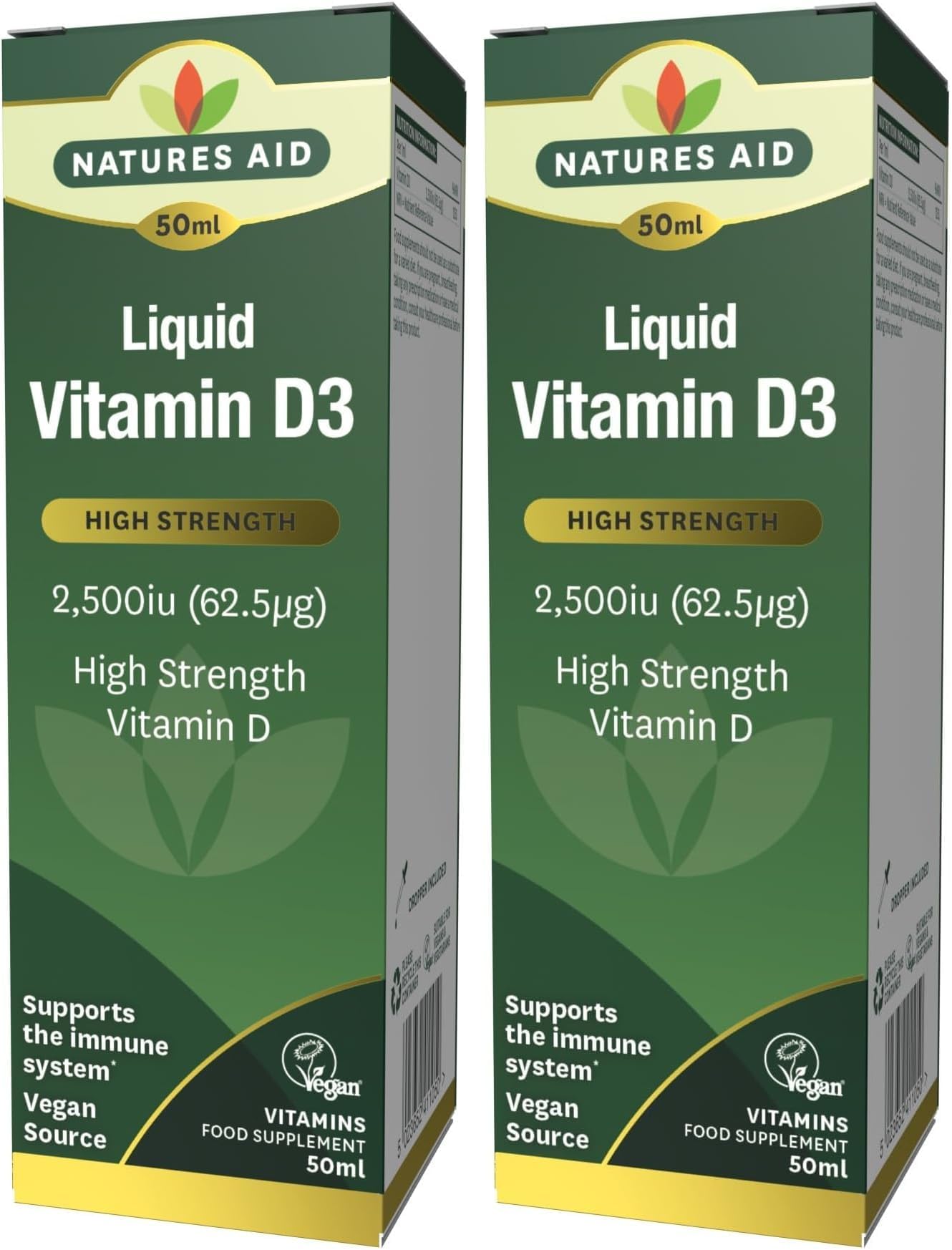 Natures Aid Vegan Vitamin D3/Cholecalciferol Liquid, 2500iu, Dropper Included, 50 ml (Pack of 2)
