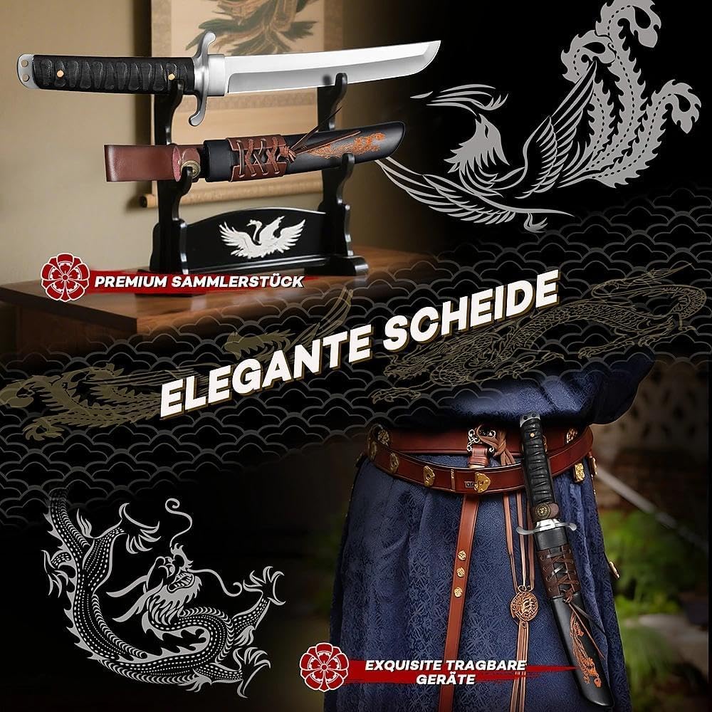 Japaknives Outdoor Messer Survival Tanto Messer Japan D2 Stahl Machete Scharf Echt 5mm Dick Feststehende Klinge mit Phoenix Gravierte Scheide Campingmesser Sammlung Geschenk für Männer