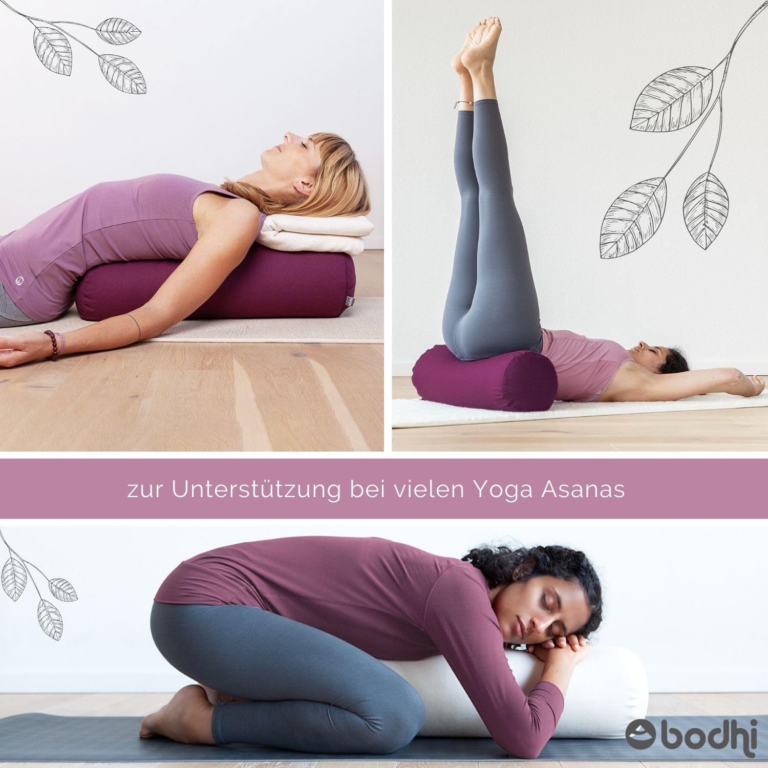 Bodhi Yoga Bolster ECO Serie Yogarolle Kapok-Füllung Bio-Baumwolle 65 x 22 cm