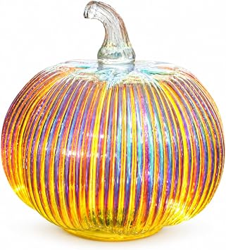 Iridescent Glass Pumpkin Light with Timer, 5.5 in Ribbed Glass Pumpkin Decor, Battery Operated LED Pumpkin Lamp with 3 Lighting Modes, Fall Thanksgiving Halloween Christmas Table Mantel Decor