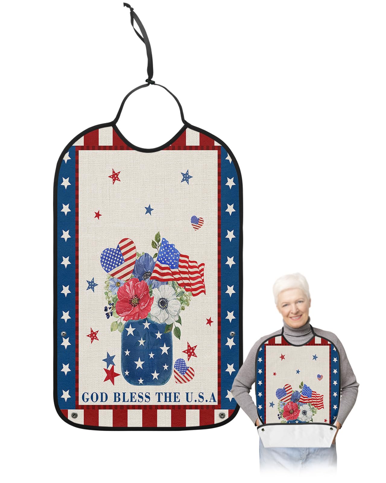 Kewadony Adult Bibs for Elderly Women - 4th of July Floral Vase Waterproof Dining Clothing Protectors with Crumb Catcher for Eating/Feeding, Independence Day American Flag Star Terry Cloth Bib