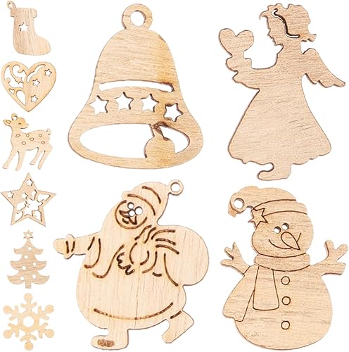 Miniatura 4 de EXCEART Decoraciones de Navidad, 100 piezas de adornos de madera de Navidad, rebanadas de madera sin terminar, decoración colgante para árbol de