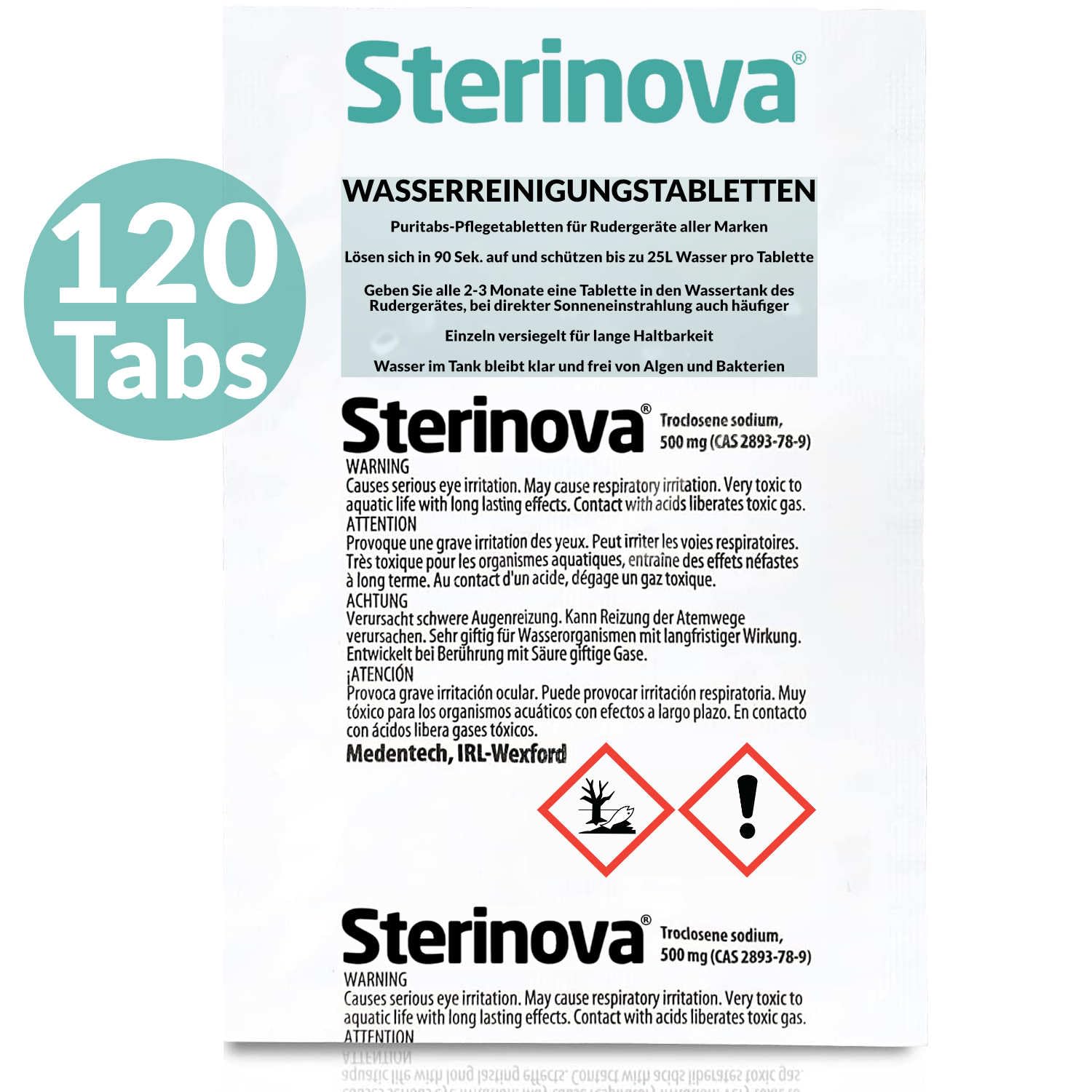 JB White Puritabs Sterinova 120x Wasser Rudergerät Tabletten gegen Algen, extra konzentriert, Chlortabletten zB geeignet für WaterRower, SportPlus, Skandika Wasserrudergerät (20 x 6)