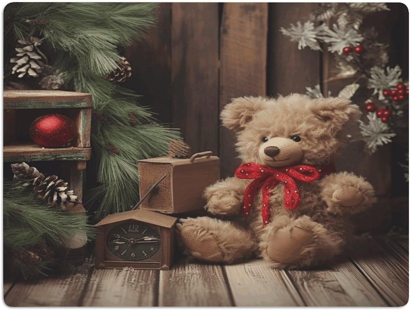 Xmas Tree Branch Bear Drying Mat for Kitchen Counter 30x40 inch, Diatomite Dish Drying Mat, Non-Slip, Absorbent Dish Drainer Pad for Coffee & Utensils, Kitchen Decor Mats