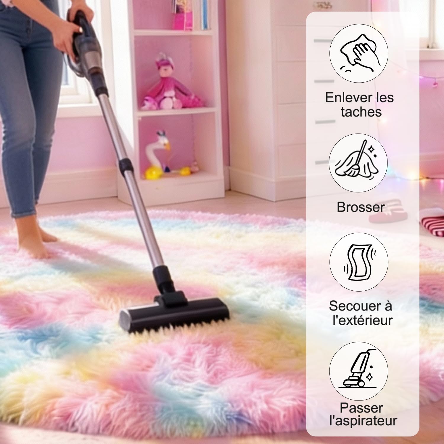Tapis Rond 120 CM Arc-en-Ciel Tapis Chambre Fille Lavable Antidérapant Ultra-Doux Moelleux Grand