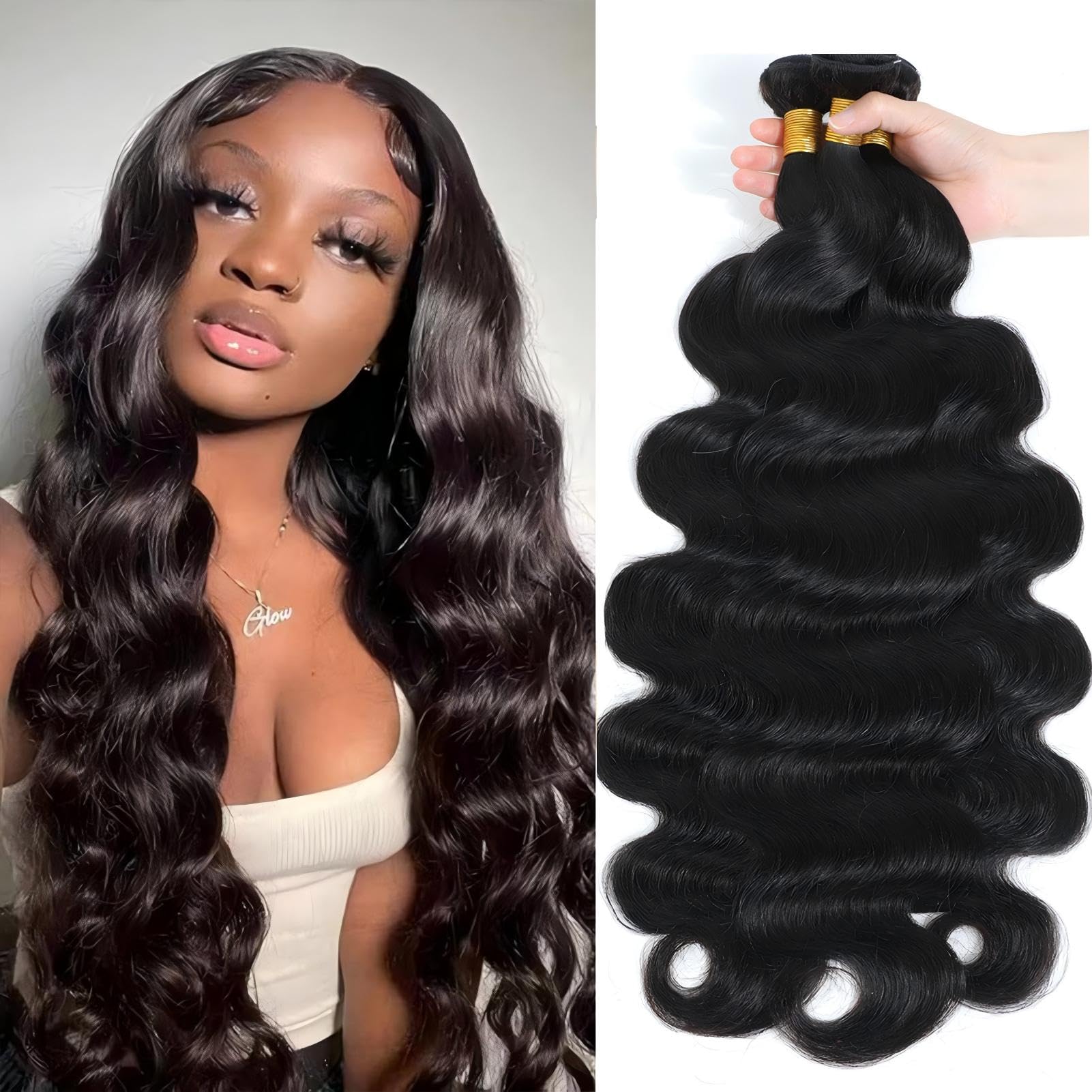 Chikamlty Body Wave Bundles Human Hair 18 20 22 Inch 100% Unprocessed Brazilian Virgin Hair Body Wave Human Hair Bundles Sew In Natural Black Last