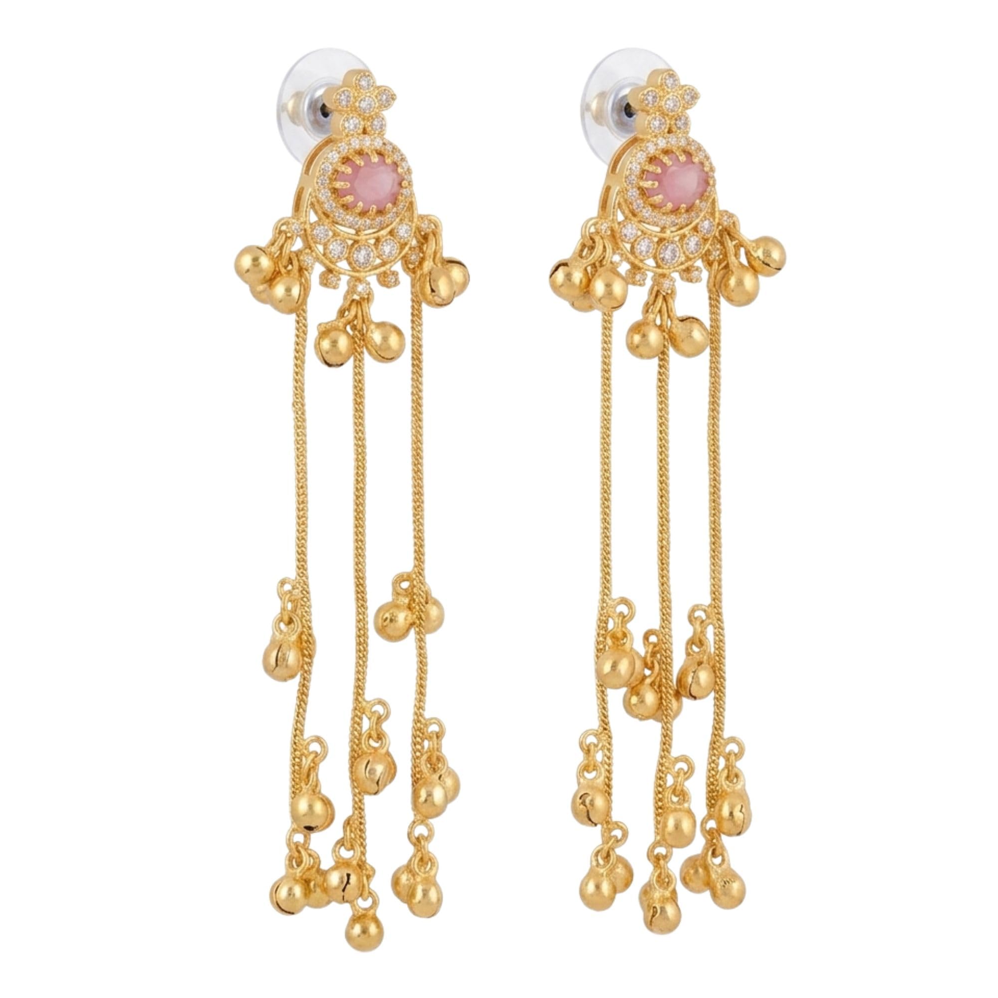 Women’s Gold Tone Finish Gemstone Long Dangle Brass Earrings for Wedding Festival & Ethnic Wear-image-11