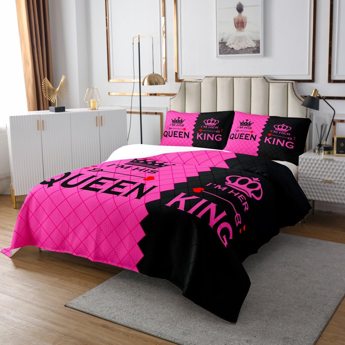 Erosebridal King and Queen Quilt Set Aesthetic Crown Queen Bedspread Set - Patchwork Black and Hot Pink Coverlet Sets Couple Gifts Valentines Day Decorations Quilted