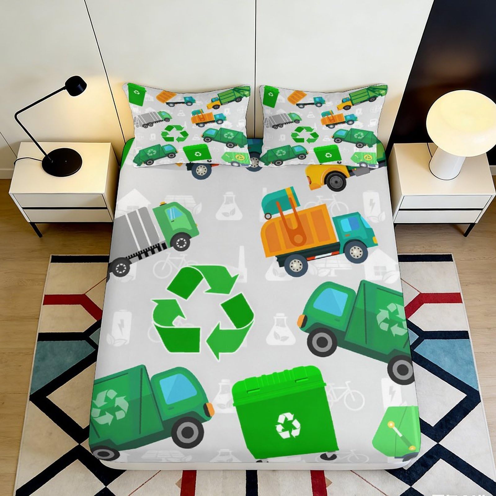 3D Printed Recycling Truck Fitted Sheet Microfiber Soft Green Eco Bin Bed Cover for Bedroom Guest Room Decor 90x200x25cm