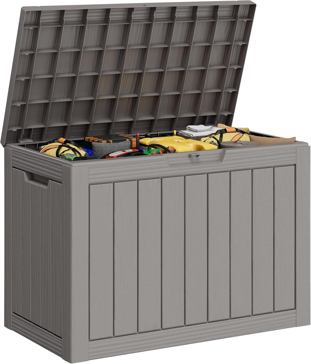 Baulera Exterior Impermeable 130L para Almacenaje Terraza, Rayado Gris