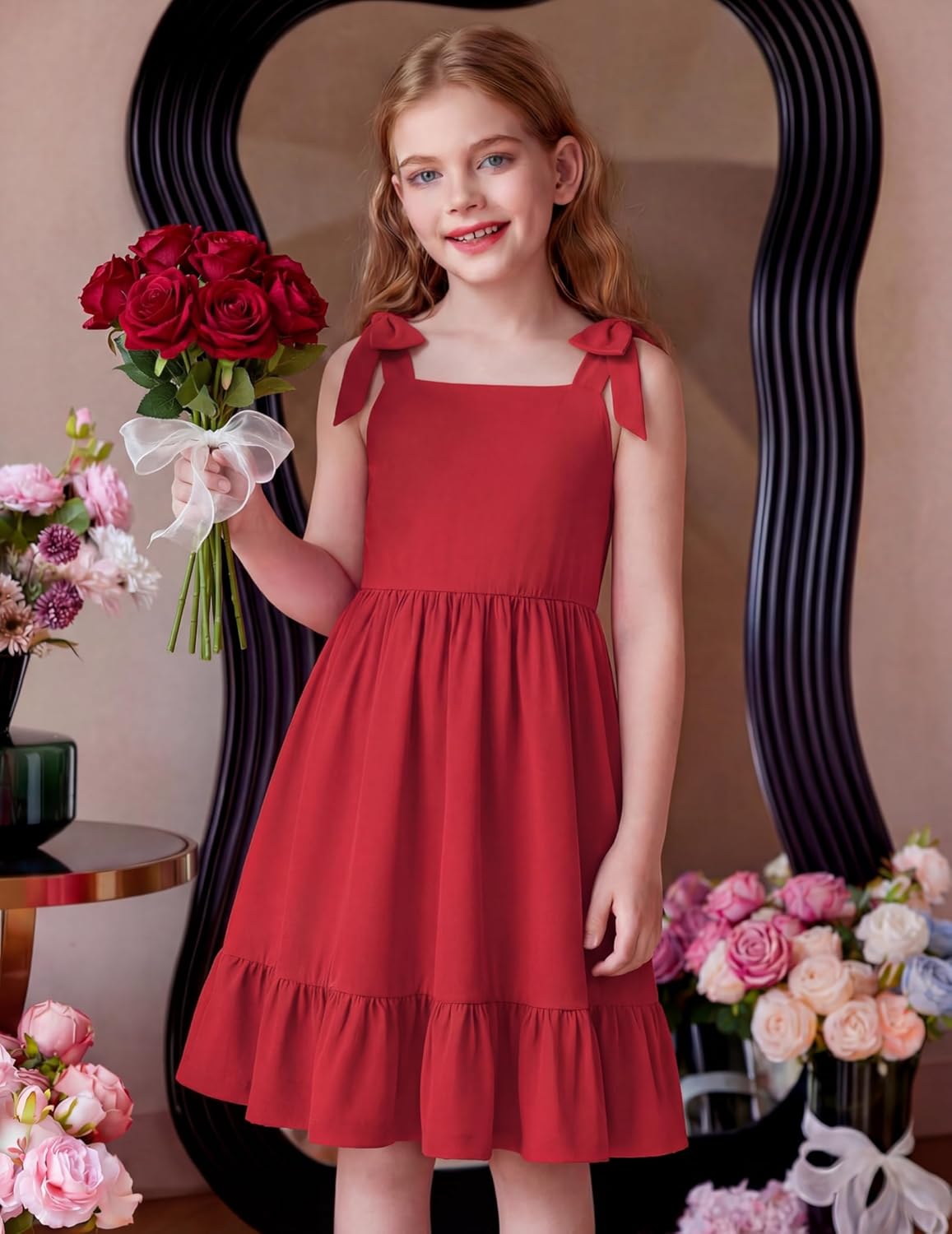 Arshiner Girls Summer Dress Bowknot Strap Casual Sleeveless Tiered Sundress with Pockets 6-14 Years - Image 4