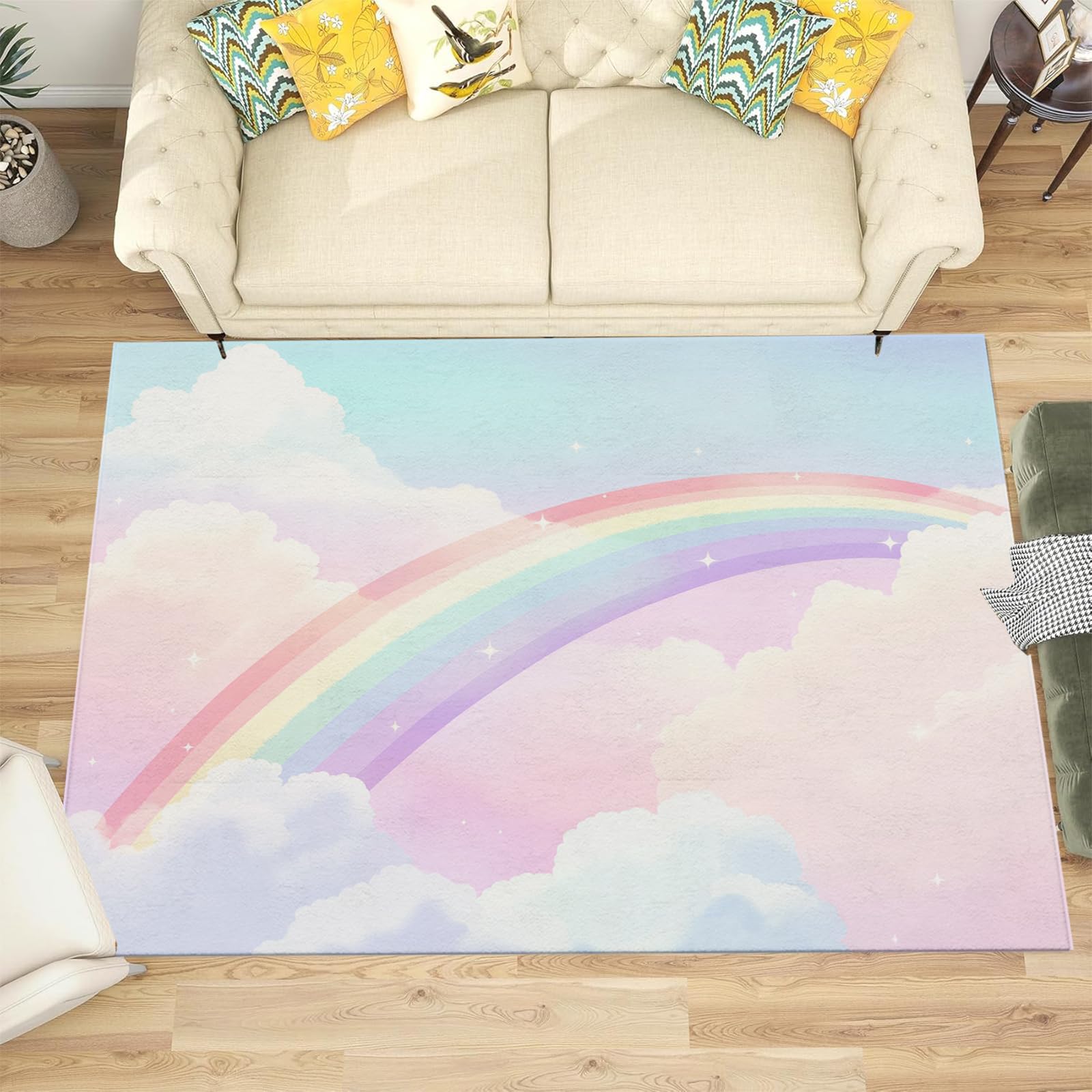 Kinderzimmerteppich Antirutsch - Waschbar bis 30 Grad - Regenbogen - Kurzflor Kinderteppich Teppich für Kinderzimmer - Regenbogen Wolken - Teppiche Junge Mädchen 80 x 150 cm
