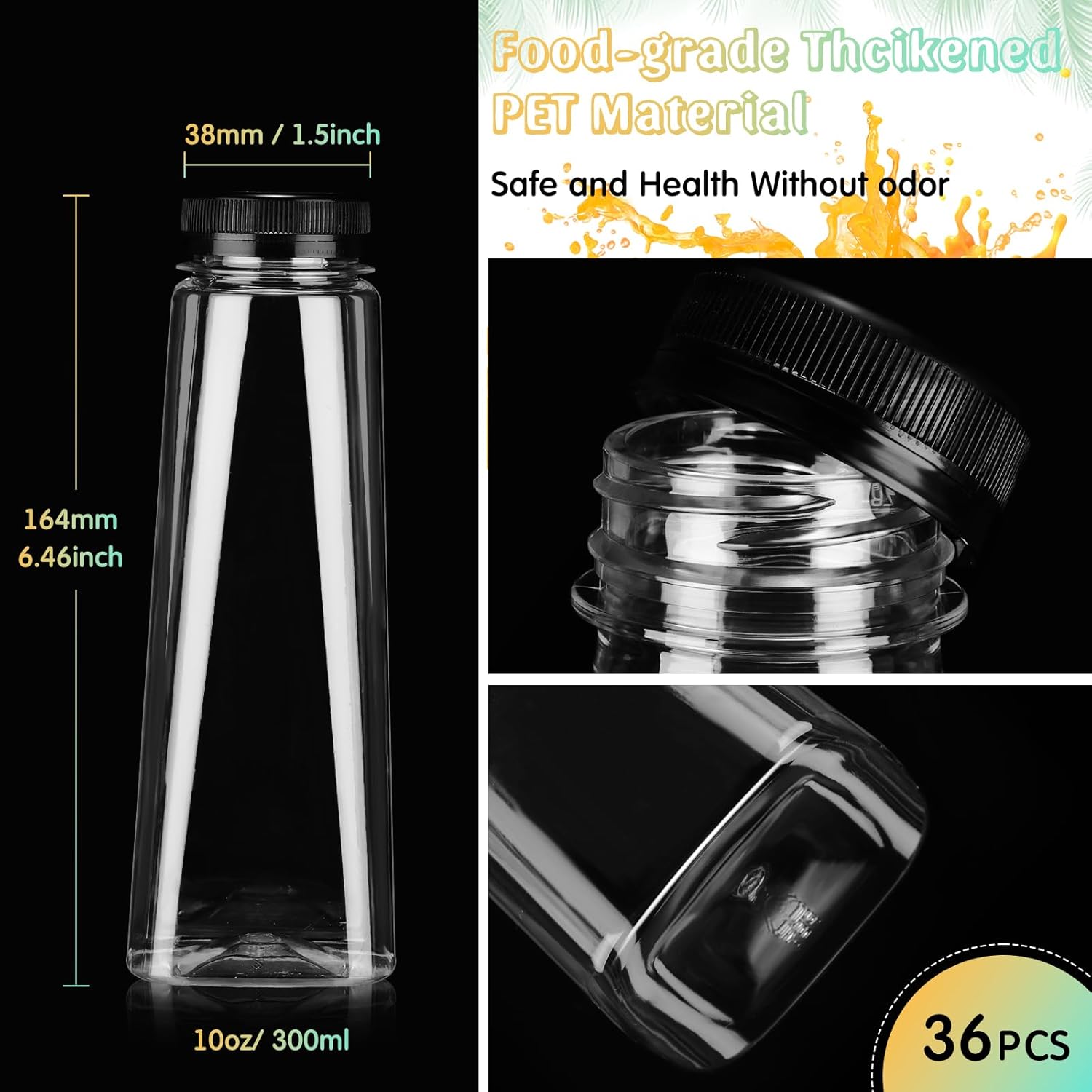 Lallisa 36 Pcs Plastic Juice Bottles Bulk with Caps Leakproof Reusable Juice Bottles Empty Clear Water Beverages Drink Containers Mini Fridge Storage for Juicing Smoothies Milk(10 oz,Black) - Image 2