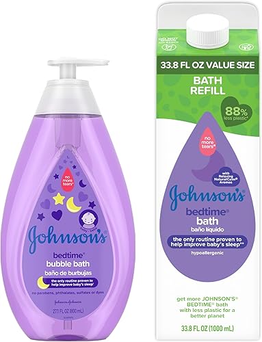 Johnson's Baby Kit de inicio de baño relajante para dormir, baño de bebé lavanda nocturna, 27.01 onzas líquidas y paquete de repuesto de tamaño de