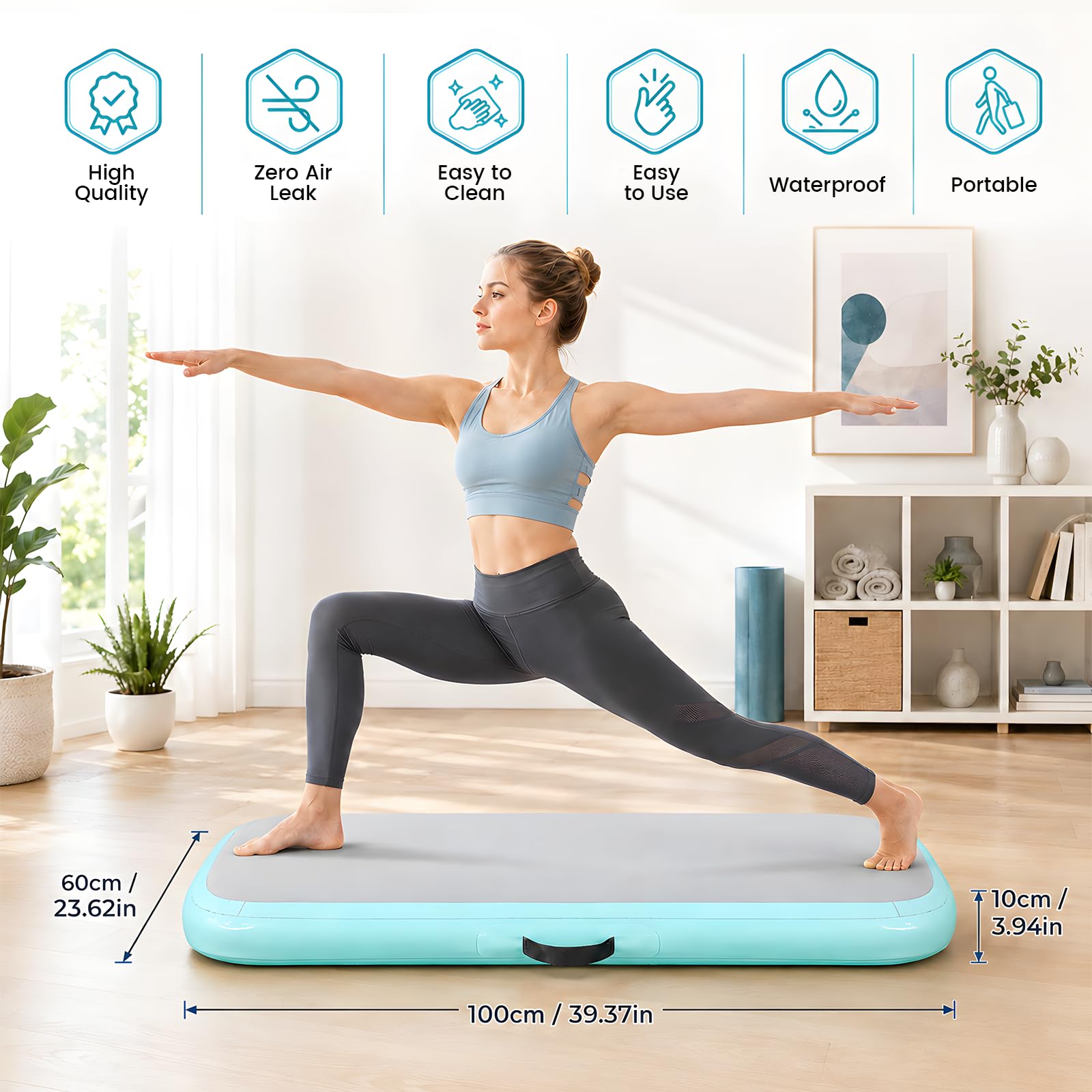 Tappetino da ginnastica gonfiabile, 100 x 60 x 10 cm, in PVC, per casa, yoga, all'aperto, per bambini e adulti, con pompa elettrica