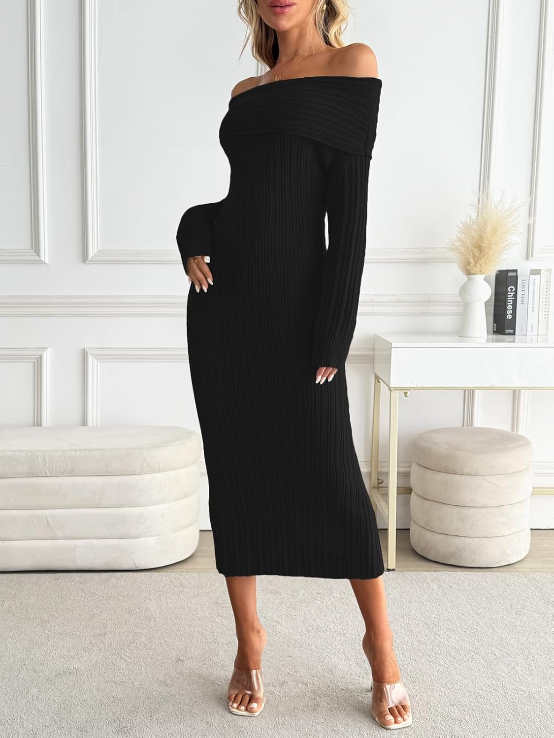 LILLUSORY Women Fall Off The Shoulder Baby Shower Midi Sweater Dress Wedding Guest Long Sleeve Bodycon Date Night Outfit - Image 3