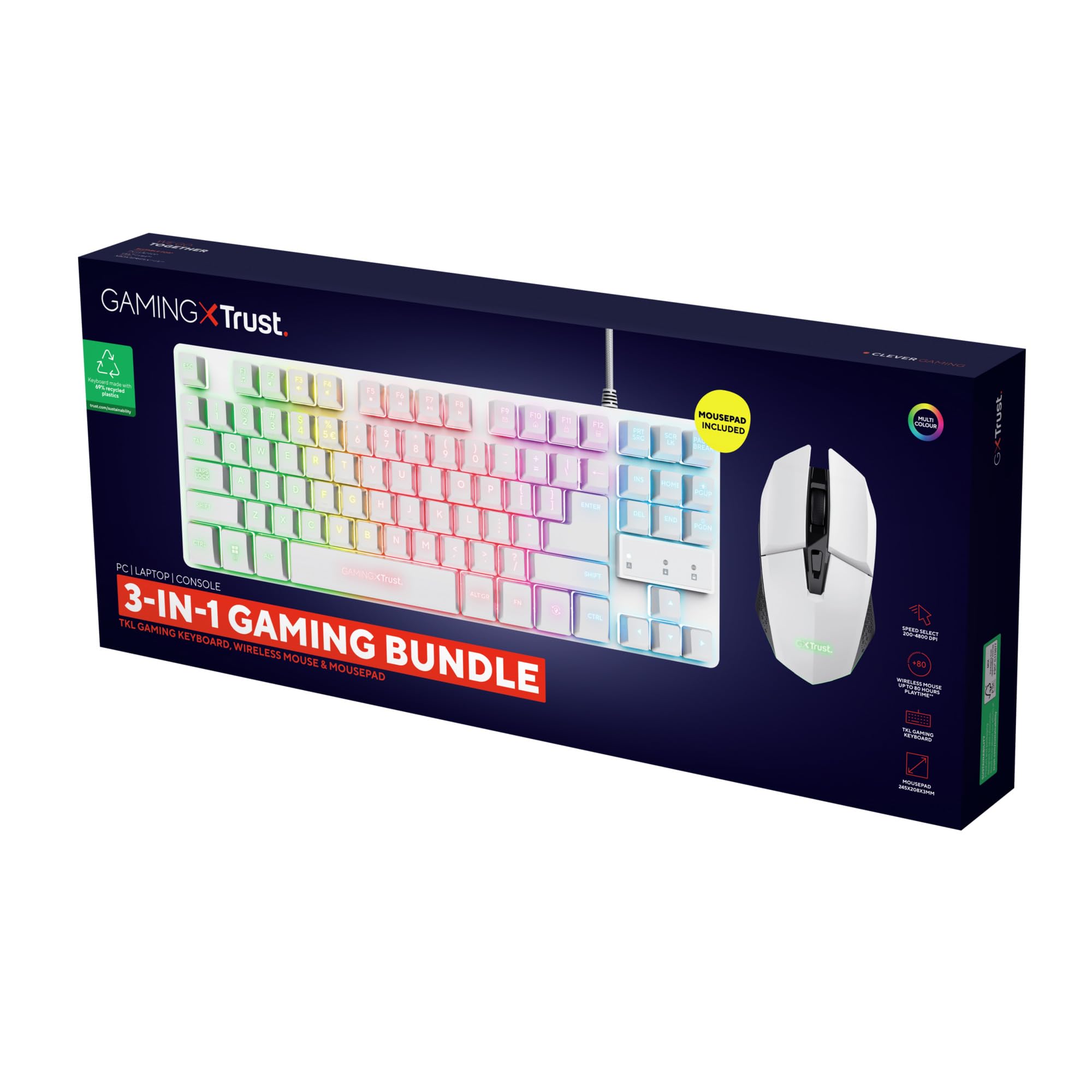 Trust Gaming GXT 794W Kit 3-in-1 Mouse e Tastiera Gaming TKL, Layout Italiano QWERTY, Tastiera Plastica Riciclata, Mouse Wireless 80 Ore di Autonomia, Tappetino, Bundle Pacchetto Gamer RGB PC, Bianco