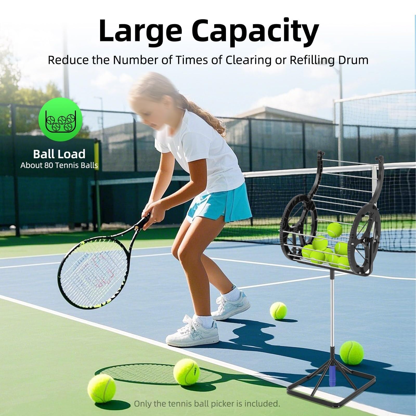 Raccoglitore per palline da tennis, 2 in 1, con manico, tramoggia per cestino, altezza regolabile, ideale per raccogliere e riporre oggetti