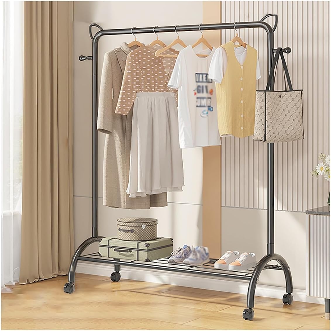 MYUYEE Clothes Rack On Wheels Metal Coat Rack Freestanding For Home Bedroom With 2 Hooks And Open Shelves, Easy To Assemble(100Cm Schwarz-Schwarz)