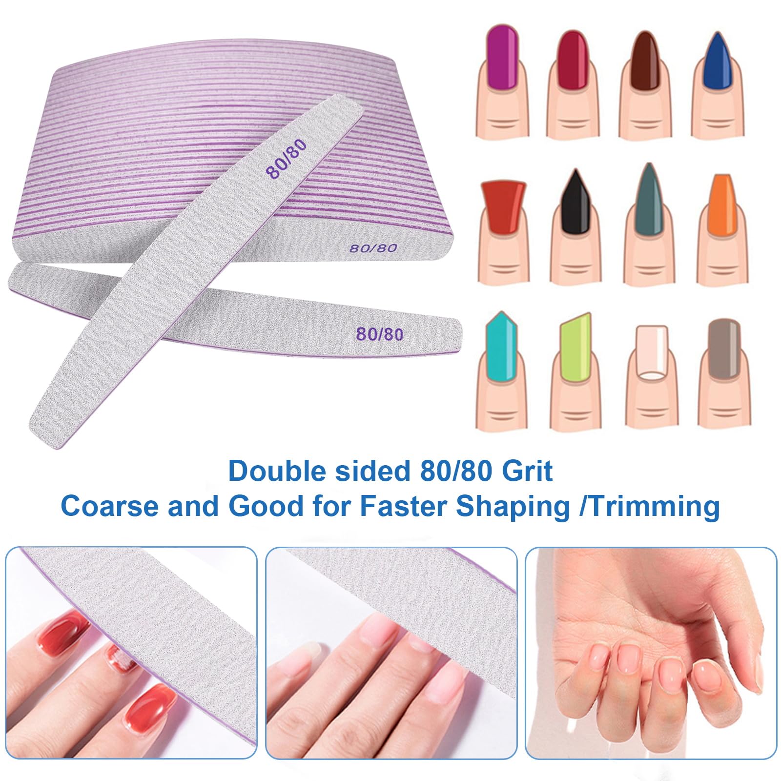 Limas de uñas de grano 80/80 (24 piezas), limas de uñas para uñas acrílicas y uñas de gel, tableros de esmeril de grano 80 de doble cara para uñas, lima de uñas profesional, reutilizable, lavable