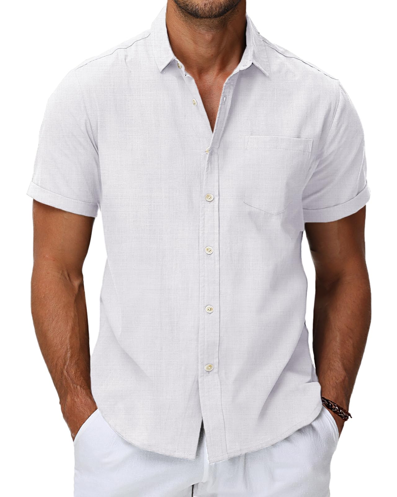 HMIYA Mens Short Sleeve Button Up Cotton Linen Shirts