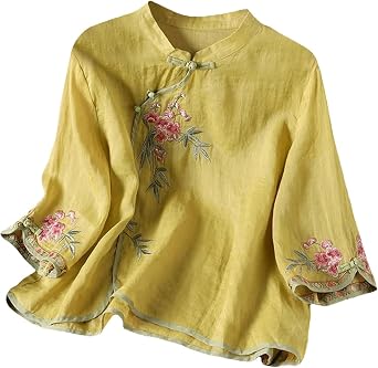 Womens Traditional Chinese Style Linen Blouse with Floral Embroidery Casual Stand Collar Top