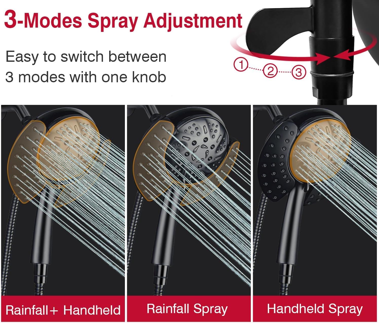GRICH 2.5GPM Shower Head with Hand: 2 in 1 High Pressure Shower Heads With Handheld Spray Combo & Rain Shower Head, 9 Spray Modes Anti-Leak Waterfall Showerhead, Angle Adjustable, Matte Black