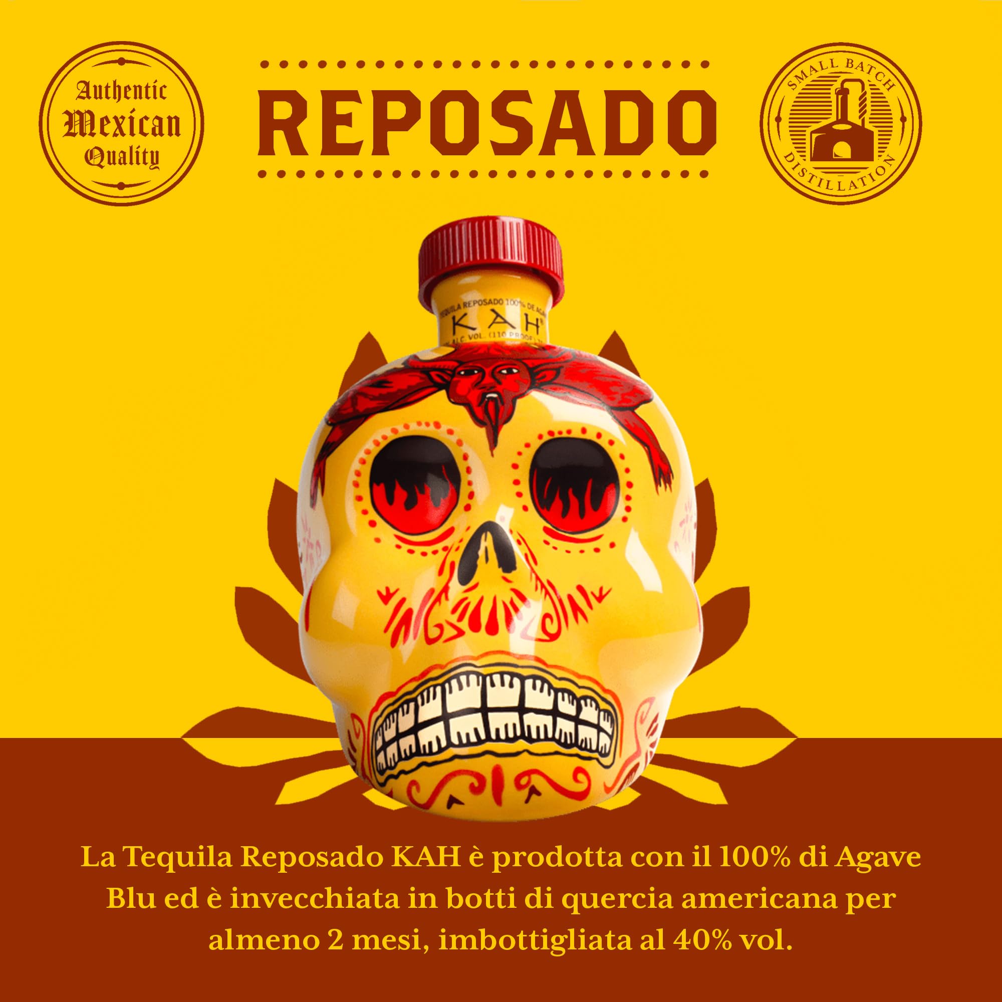 KAH Tequila Reposado - Bottiglia Decorata Giorno dei Morti - 100% Agave Blu - Doppia Distillazione e Invecchiato in Botte di Quercia - 40% vol 70 cl (700 ml / 0,7 Litri)
