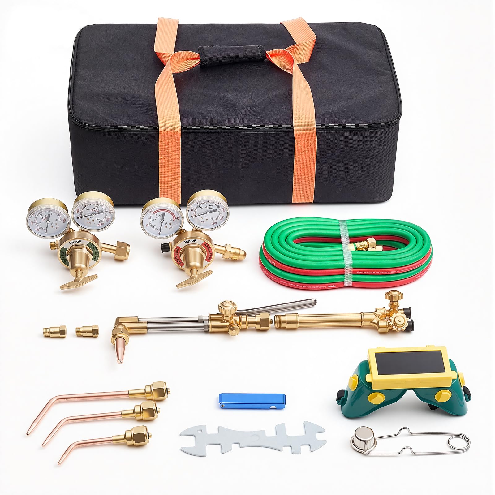 VEVOR Oxygen Acetylene Torch Kit with Check Valves, Gas Welding Cutting Torch Kit, Heavy Duty Oxy Acetylene Brazing Set with 15FT Twin-Hose, 1 Cutting Tip, 3 Welding Tips, 2 Gas Regulators &amp; Tool Bag