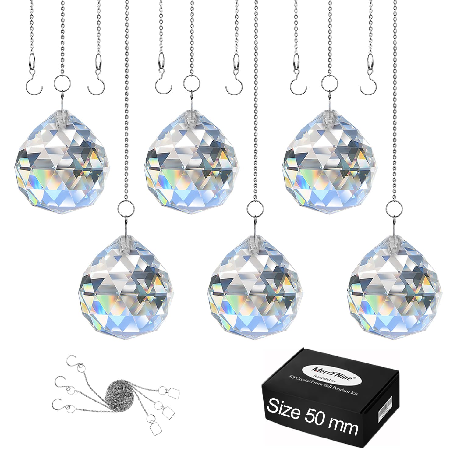 MerryNineClear Crystal Ball Prism Sun Shine Catcher Rainbow Pendants Maker, Hanging Crystals Prisms for Windows, for Feng Shui, for Gift(50mm/2.0" 6pack)