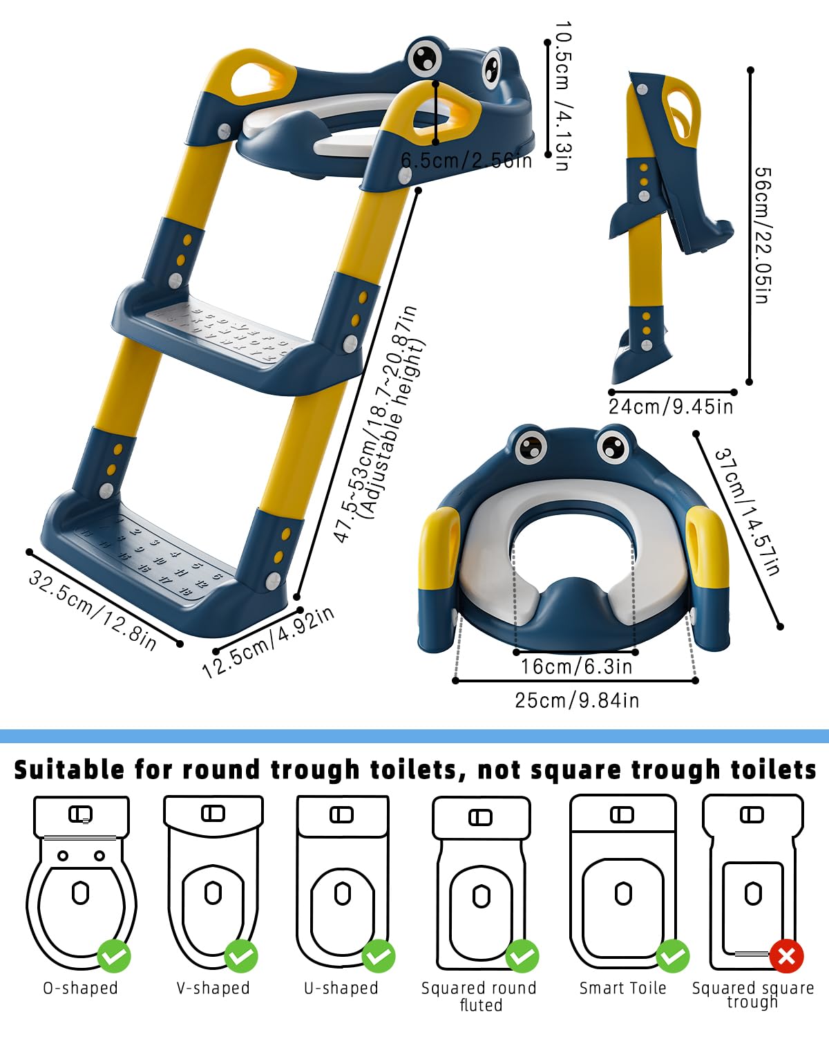 Toilettensitz Kinder mit Treppe, Toilettentrainer für Kinder, WC Sitz mit PU Gepolsterter, Höhenverstellbar und Faltbar, Rutschfest mit Spritzschutz Toilettenaufsatz Kinder(Blue)