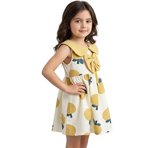 Vestido Infantil Estampado e estiloso, Gola Arredondada com Laço, Fechamento com Botão, para Meninas 4-6 Anos, Tecido Leve e Fresco