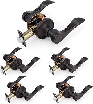 Wave Style Door Lever, 5 Pack Wholesale Passage Door Handle Without Key and Lock, Oil Rubbed Bronze Keyless Interior Lever Reversible for Left/Right Handed for Hallway and Closet