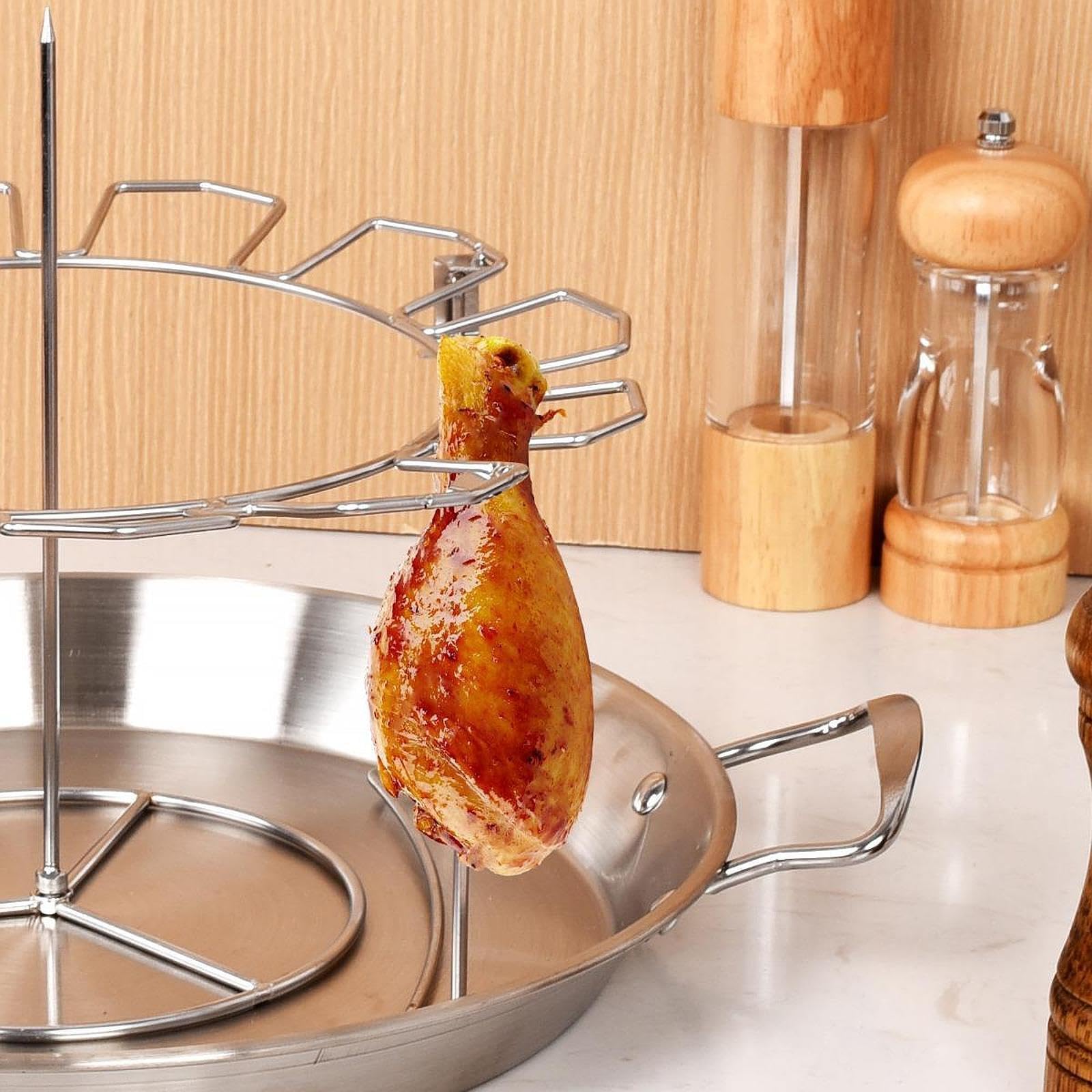Parrilla para Pollo con Bandeja de Goteo con Capacidad para 12 Muslos de Pollo Herramientas para cocinar y Asar a la Parrilla Verduras en brochetas Rejilla Acero Inoxidable para Muslos ala