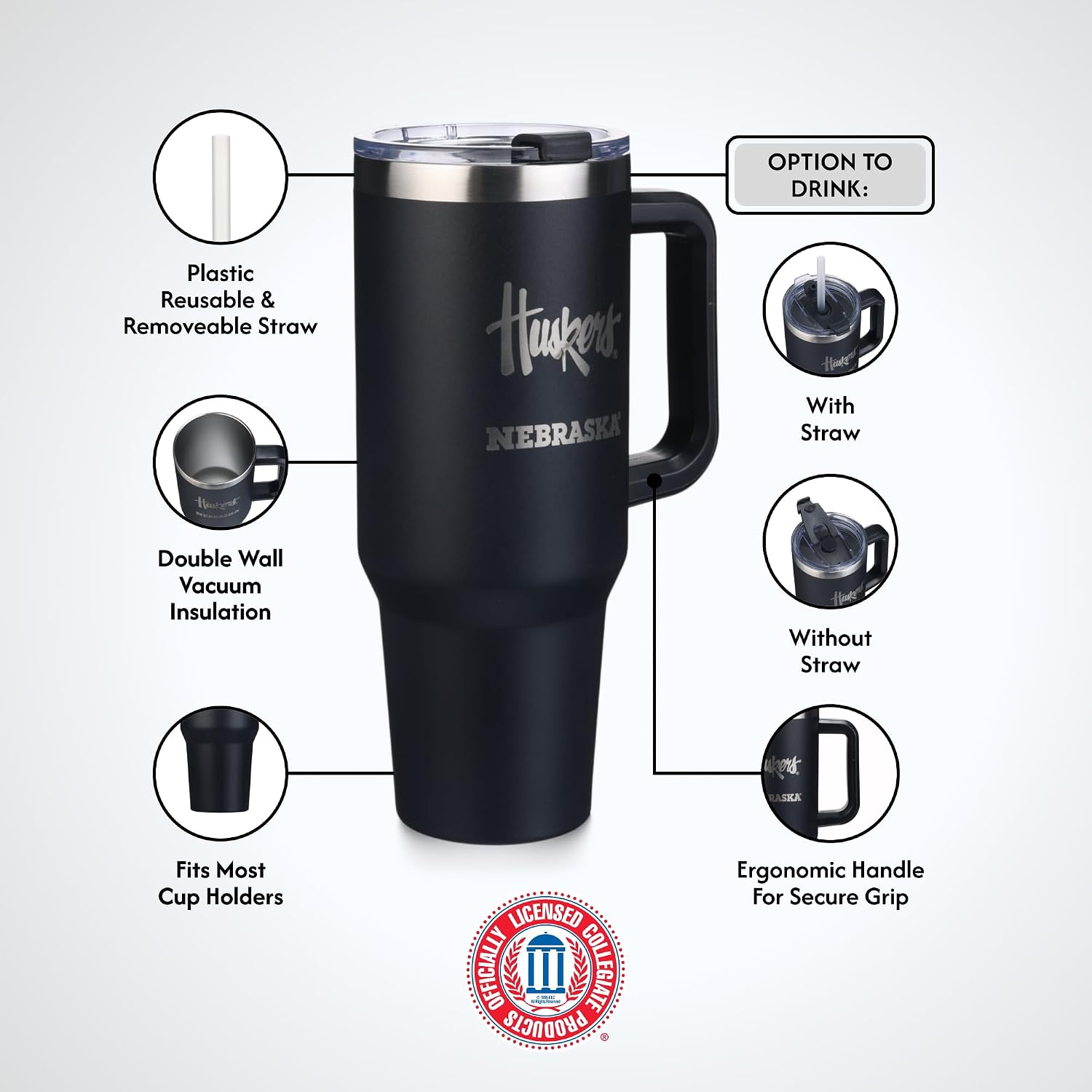 The Memory Company Officially Licensed NCAA 40oz Game Day Tumbler – Stainless Steel, Double-Wall Insulated Travel Mug with Handle, Straw & Laser-Engraved Team Logo