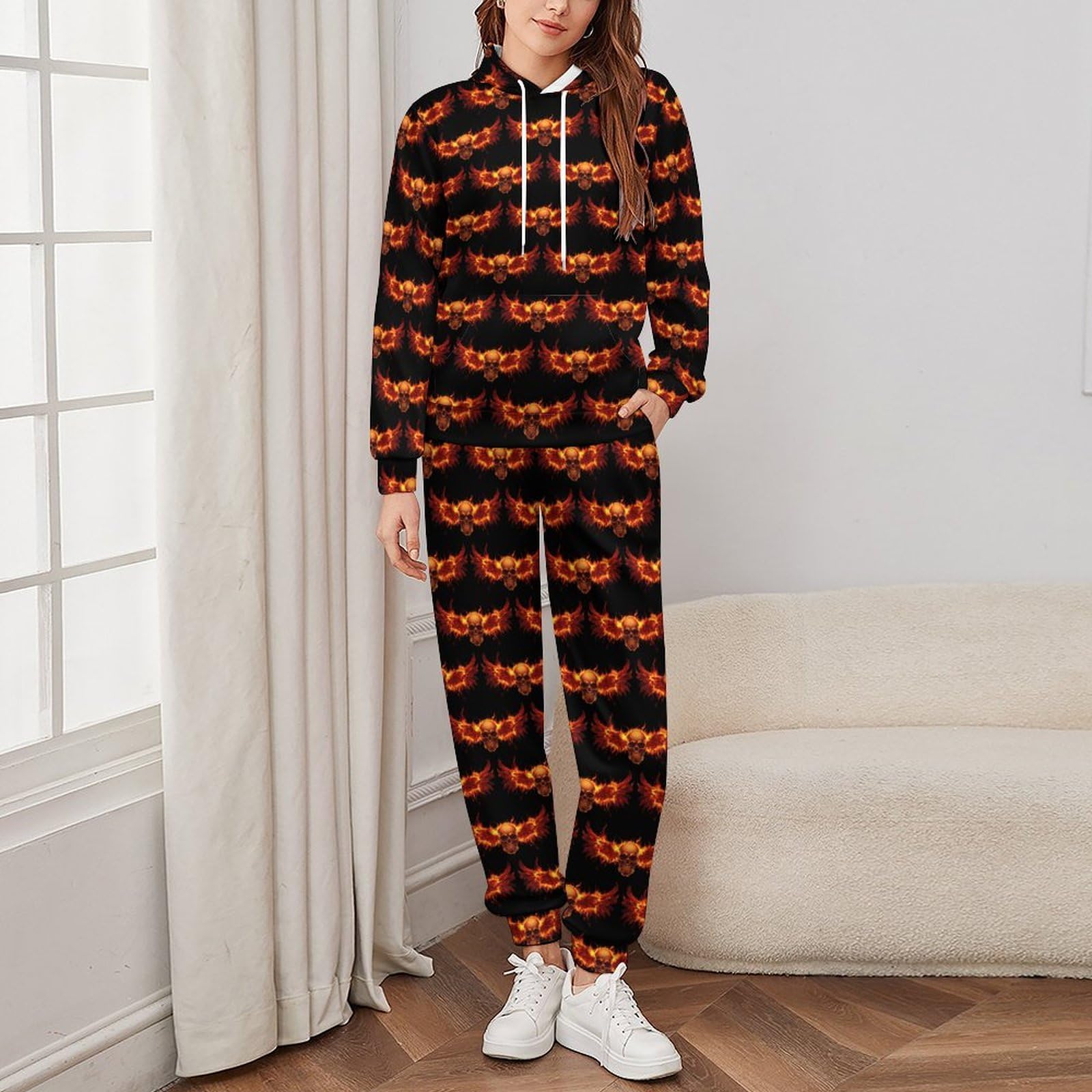 Teschio con ali fuoco tute per gli uomini manica lunga felpa con cappuccio e pantaloni della tuta moda