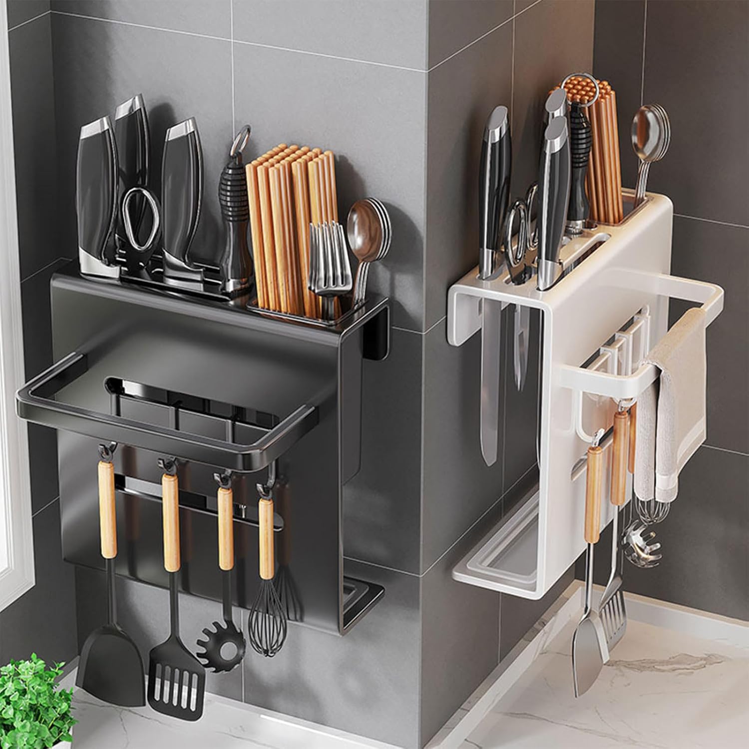 Dxcaicc Stainless Steel Wall-Mount Utensil Holder,Large Capacity Knives Organizer,Kitchen Storage Rack with Hooks,Drying Cutlery Holder for Spatula,Towel,Spoon