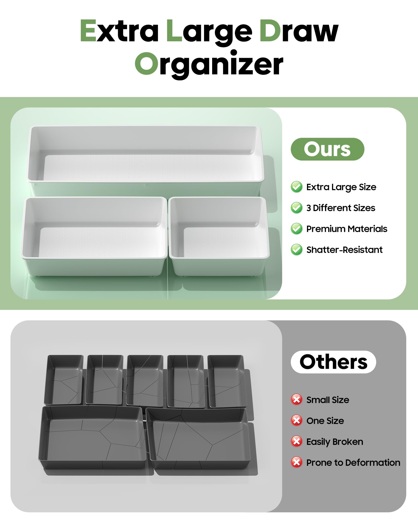 Set di 10 organizer per cassetti di grandi dimensioni, in plastica, 3 misure, per scrivania, cassetti, contenitori per vanità, trucco, bagno, utensili da cucina e ufficio (bianco)