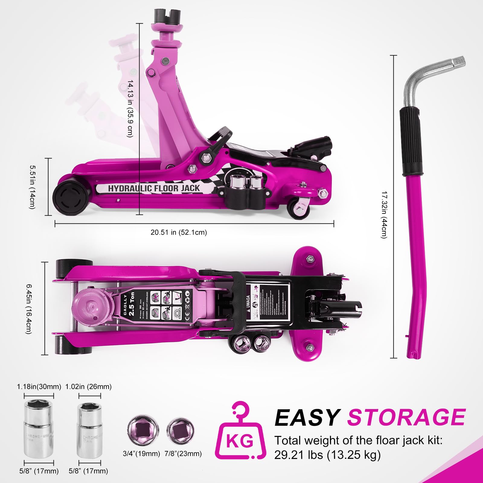 Kit cric da pavimento, 2,5 tonnellate (2,5 kg), cric idraulico a basso profilo, cric a carrello, kit di attrezzi per SUV e auto, kit universale con chiave a capocorda rosa