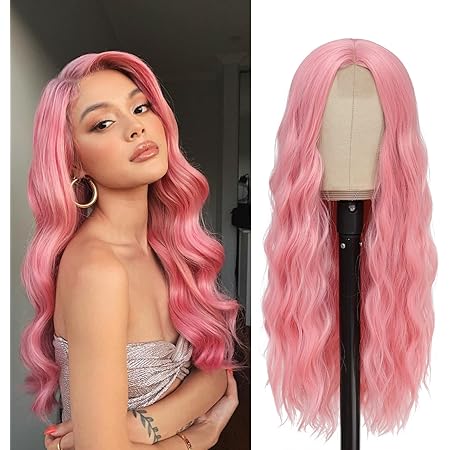 Amazon.com : YBYMCAI Pink Wig - Long Pink Wavy Wigs for Women Middle