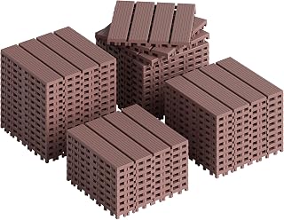 Rovibek 44 PCS Interlocking Deck Tiles, 12" X 12" Plastic Deck Tiles Outdoor Waterproof, All Weather Patio Tiles for Balcony Backyard Poolside Porch, Pavers for Outside Walkway, Striped Brown