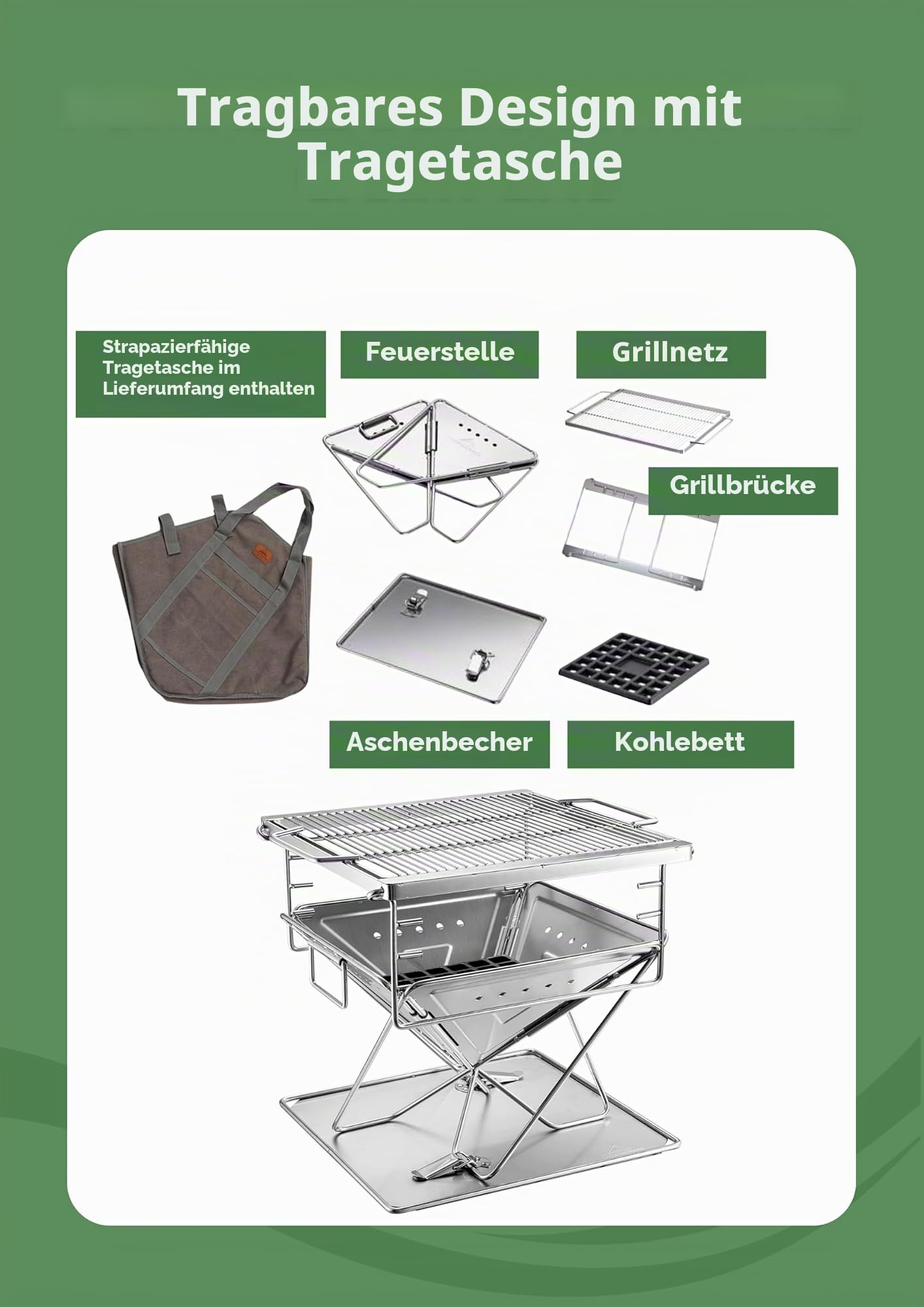 CAMPINGMOON 3-in-1 tragbarer Holzgrill und Feuerstelle aus Edelstahl, 35,6 x 39 cm, mit Tragetasche MT-035