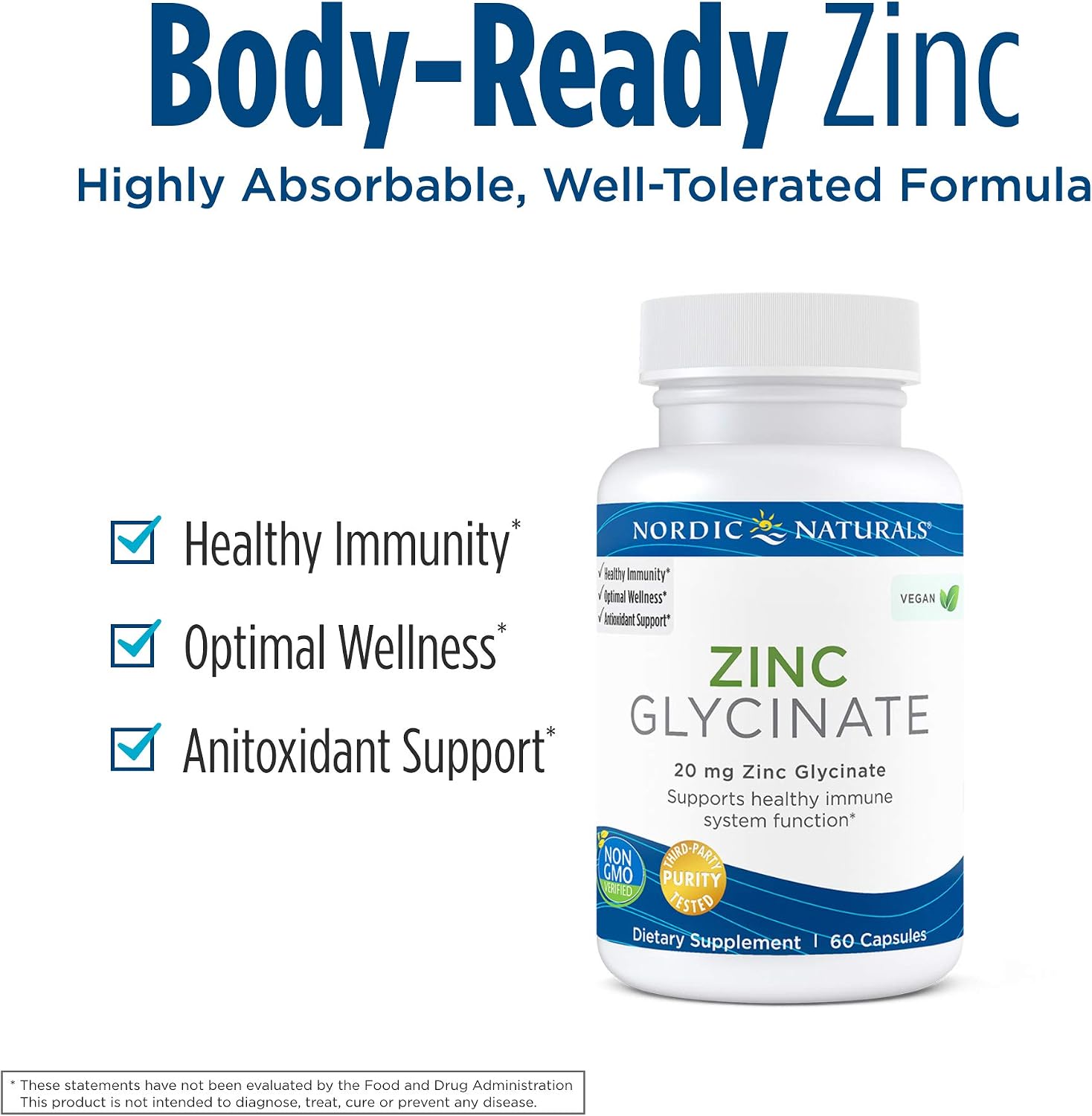Nordic Naturals Zinc Glycinate - 60 Capsules - 20 mg Highly Absorbable Zinc Glycinate - Optimal Wellness - Non-GMO, Gluten Free, Vegan - 30 Servings
